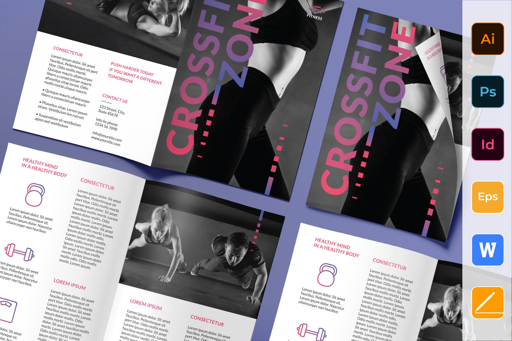 健身俱乐部/工作室对折页宣传单设计模板 Fitness Studio Brochure Bifold插图