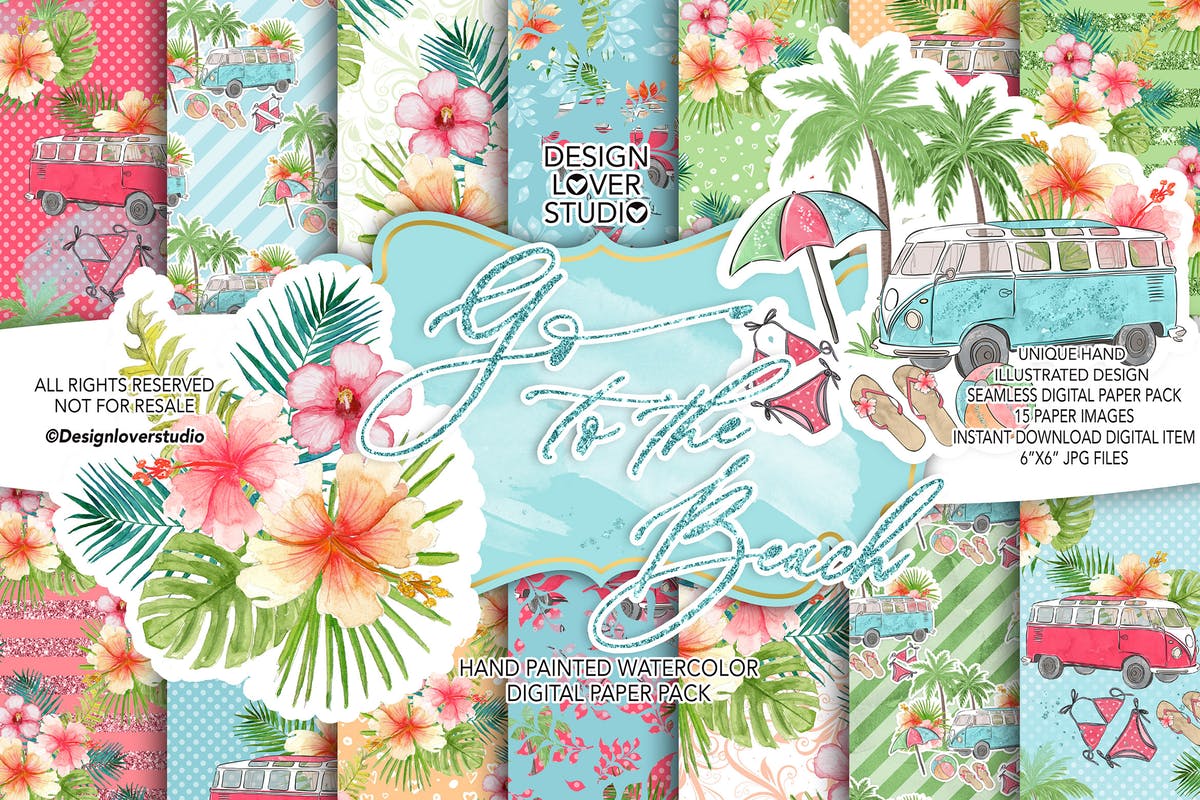 夏季海滩主题水彩花卉纸张图案背景套装 Go to the Beach digital paper pack插图