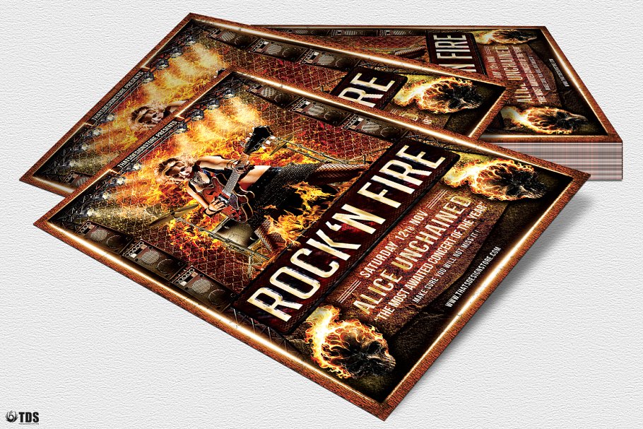 热血沸腾摇滚音乐活动海报传单设计PSD模板 Rock’N Fire Live Flyer PSD插图(3)