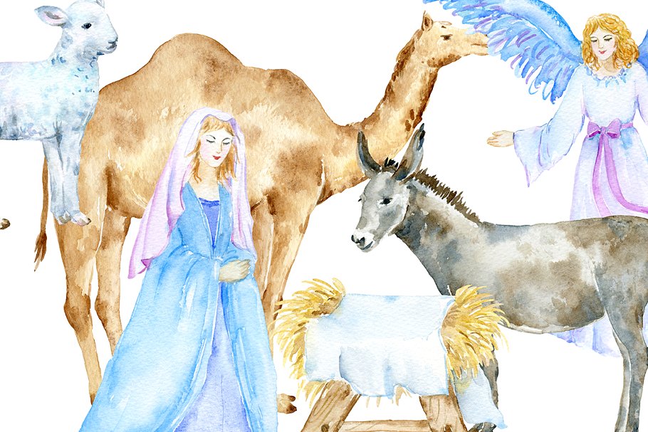 手绘水彩耶稣诞生元素合集 Watercolor Illustration Nativity插图(2)