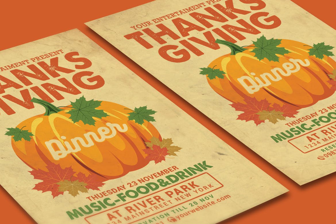 复古设计风格感恩节晚宴活动海报传单设计模板 Thanksgiving Dinner Flyer插图(2)