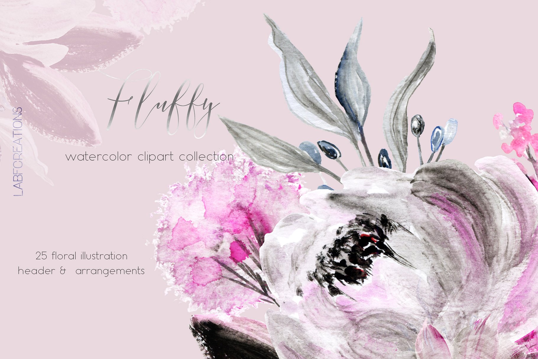 毛茸茸的水彩花卉元素 Fluffy. Watercolor floral clipart插图(1)