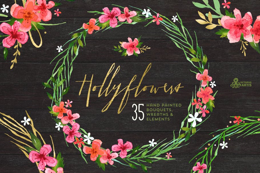 高质量手绘水彩花束剪贴画 Hollyflowers. Holiday floral set插图