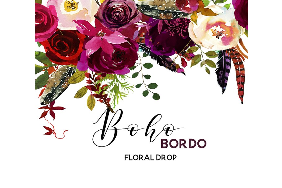 波希米亚式&波尔多水彩花卉剪贴画 Boho Bordo Watercolor Flowers插图(5)