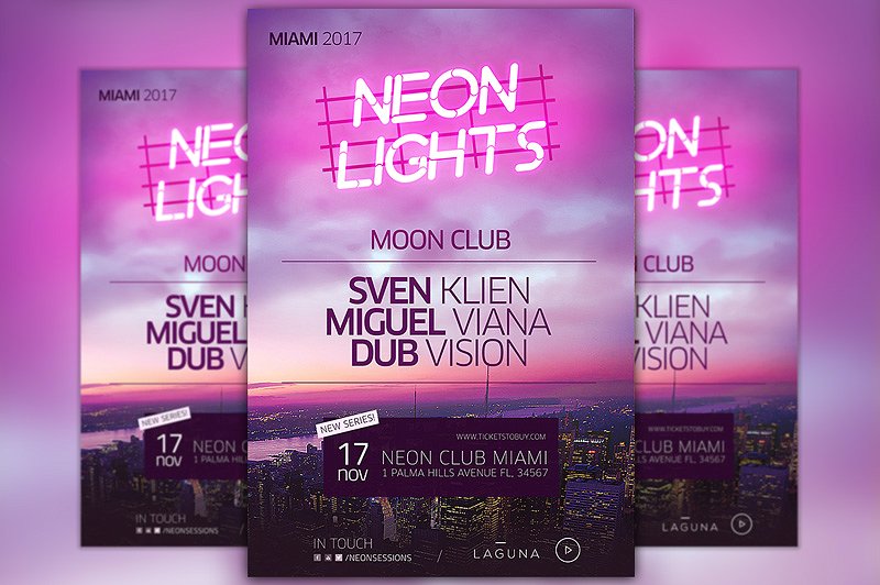 霓虹灯城市俱乐部夜店宣传海报设计模板 Neon City Club Flyer and Poster插图