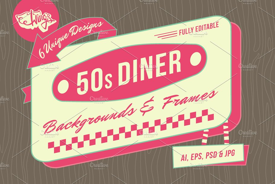 20世纪50年代餐车背景和框架素材 1950s Diner Backgrounds and Frames插图
