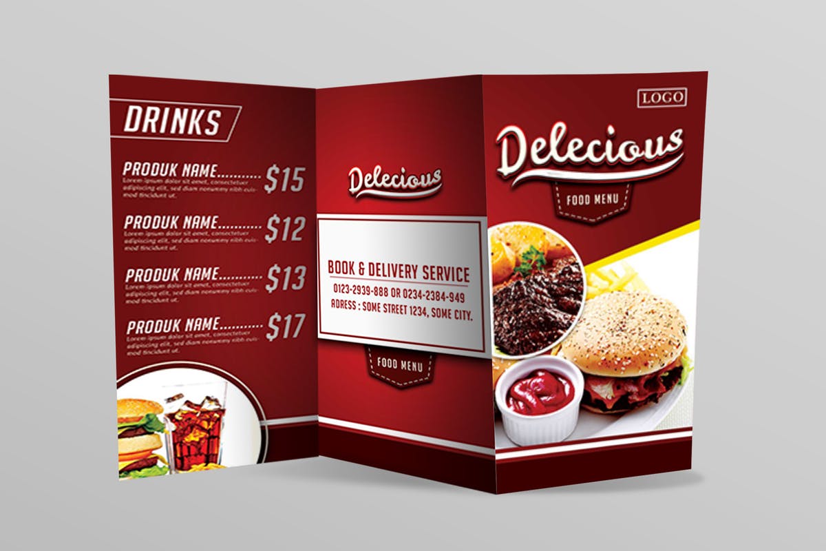 红色汉堡西式快餐菜单/传单设计模板 Delecious food menu flyer插图