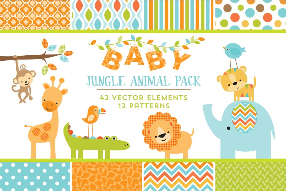 婴儿丛林动物图案背景素材 Baby Jungle Animal Graphics Patterns插图