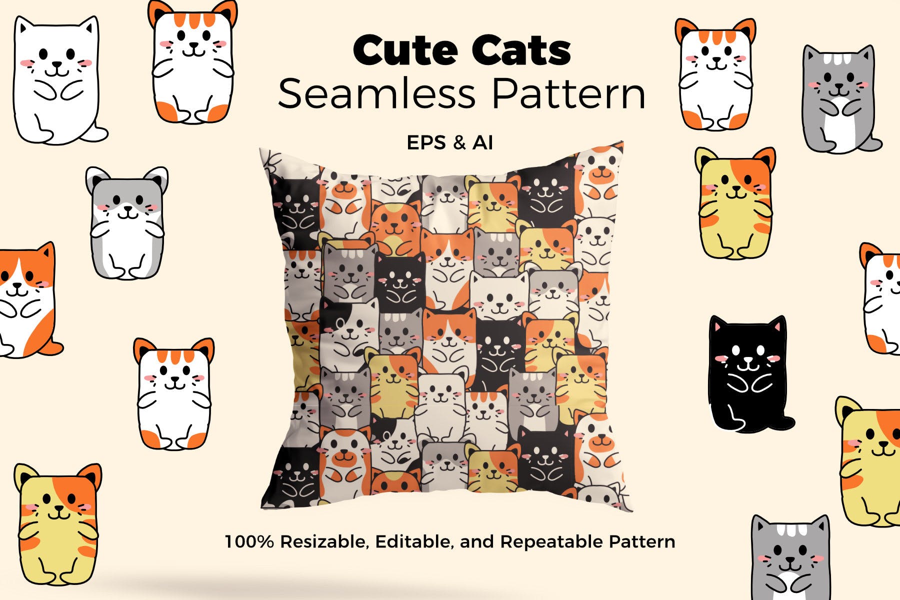可爱卡通猫手绘图案纹样背景素材 Cats Pattern插图