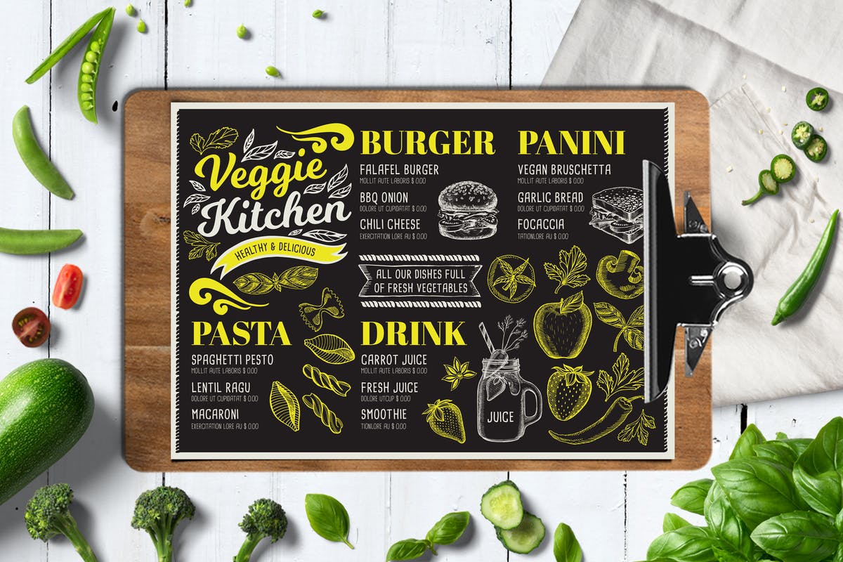蔬菜素食馆餐厅粉笔画设计风格菜单模板 Vegan Food Menu插图