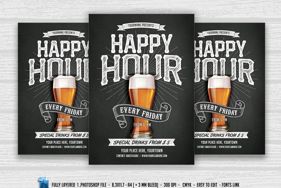 欢乐时光啤酒节宣传传单模板 Happy Hour Flyer插图