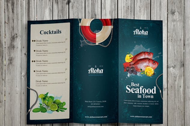 海鲜餐厅三折页菜单PSD模板 Seafood Menu 3 Fold插图(1)