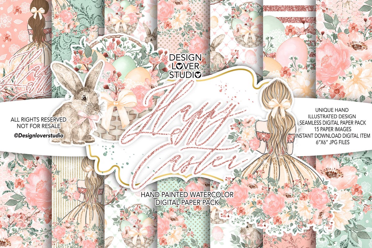 复活节快乐女孩水彩花卉剪贴画套装 Happy Easter Girl digital paper pack插图