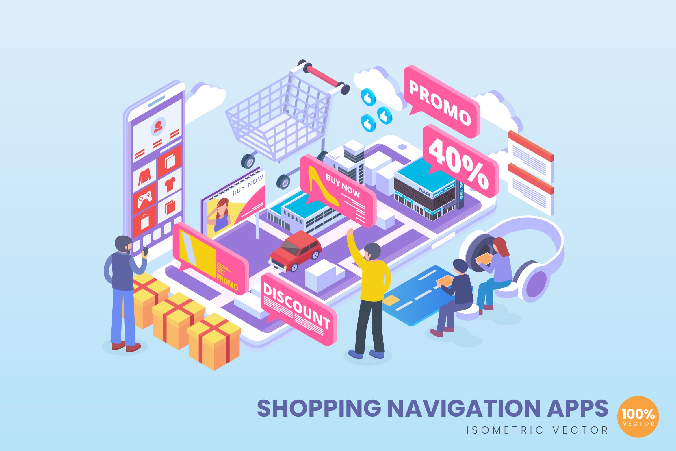 购物导航APP应用2.5D矢量等距概念插画 Isometric Shopping Navigation Apps Vector Concept插图