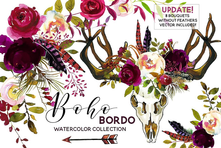 波希米亚式&波尔多水彩花卉剪贴画 Boho Bordo Watercolor Flowers插图