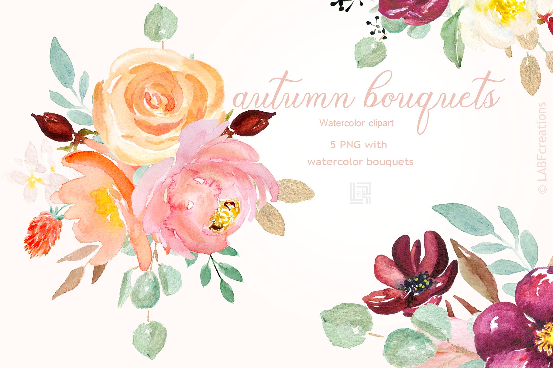 浪漫精致的秋季水彩花束剪贴画 Autumn watercolour bouquets插图(1)