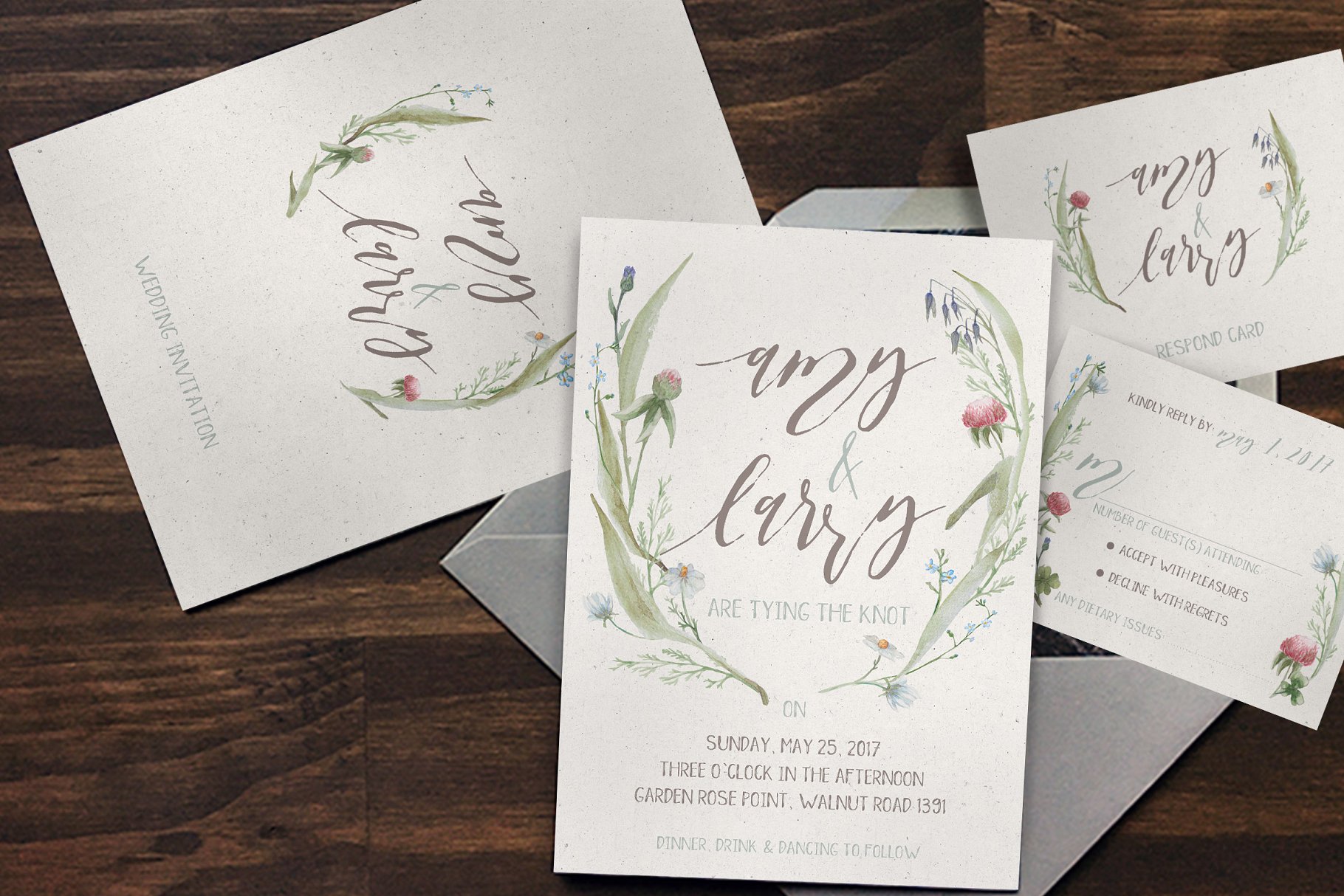 柔和水彩花卉婚礼邀请函设计模板套装 Watercolor Flower Wedding Suite插图