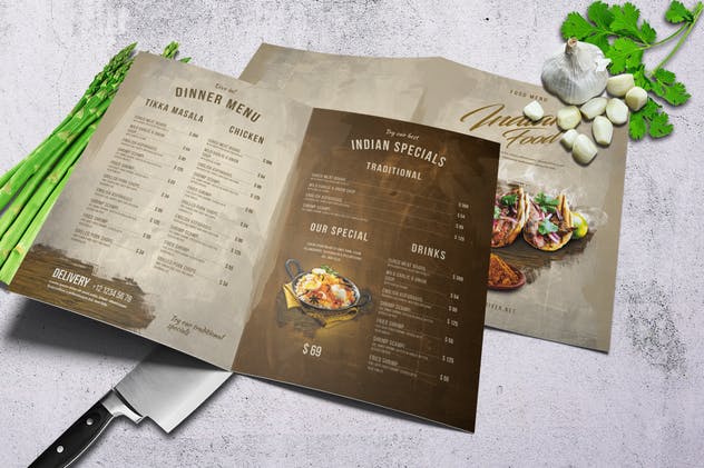 印度菜餐厅菜单PSD设计模板 Indian A4 and US Letter Food Menu插图(1)