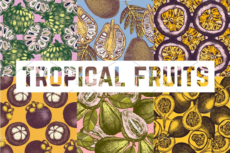 热带水果和植物图案纹理 Tropical Fruits & Plants Patterns插图