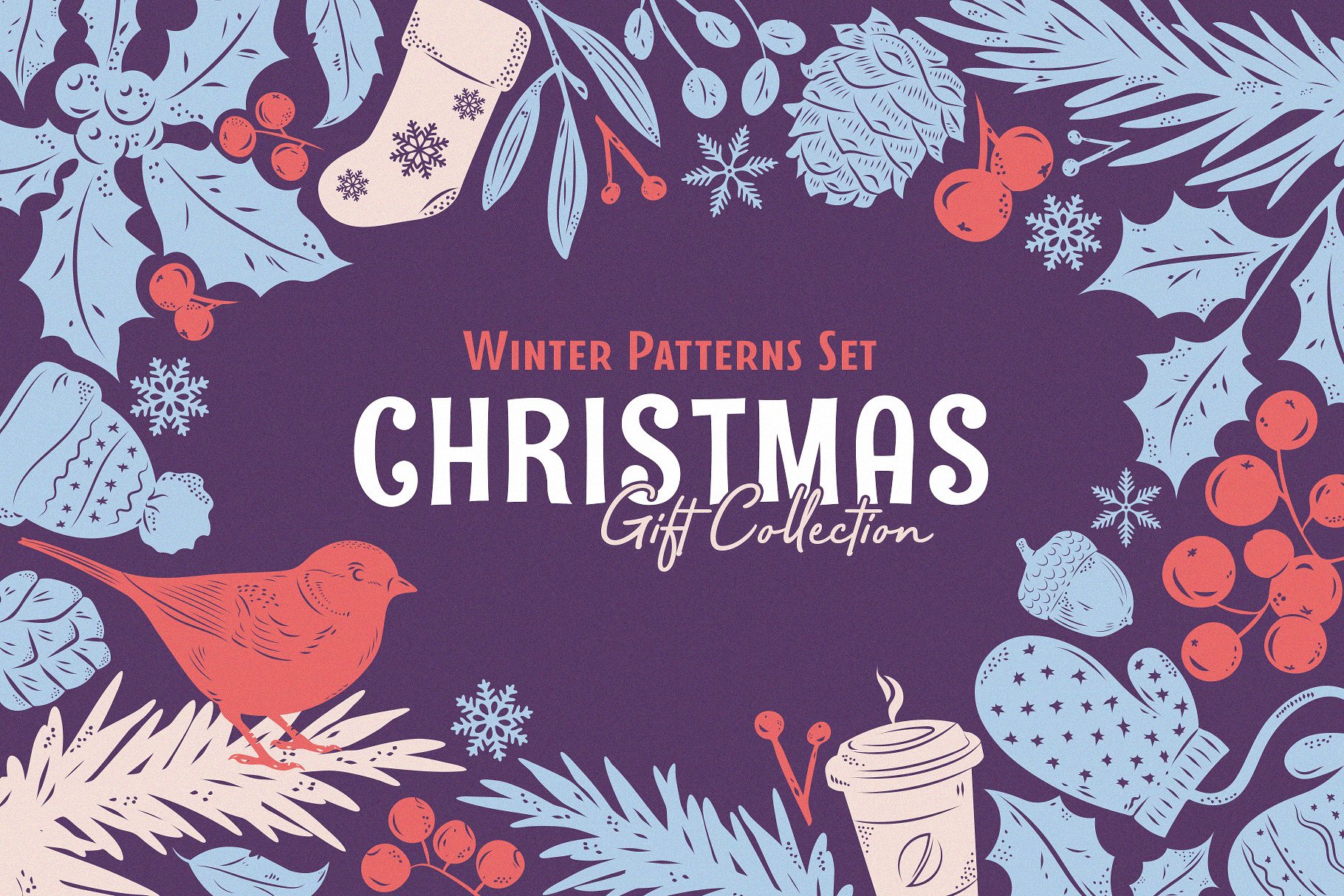 圣诞节礼物包装纸张图案纹理 Christmas Gift: Vector Patterns Set插图