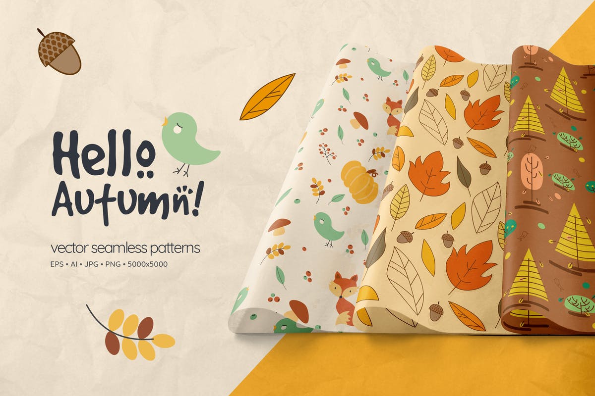 “您好，秋天”无缝图案纹理合集 Hello Autumn Seamless Patterns插图