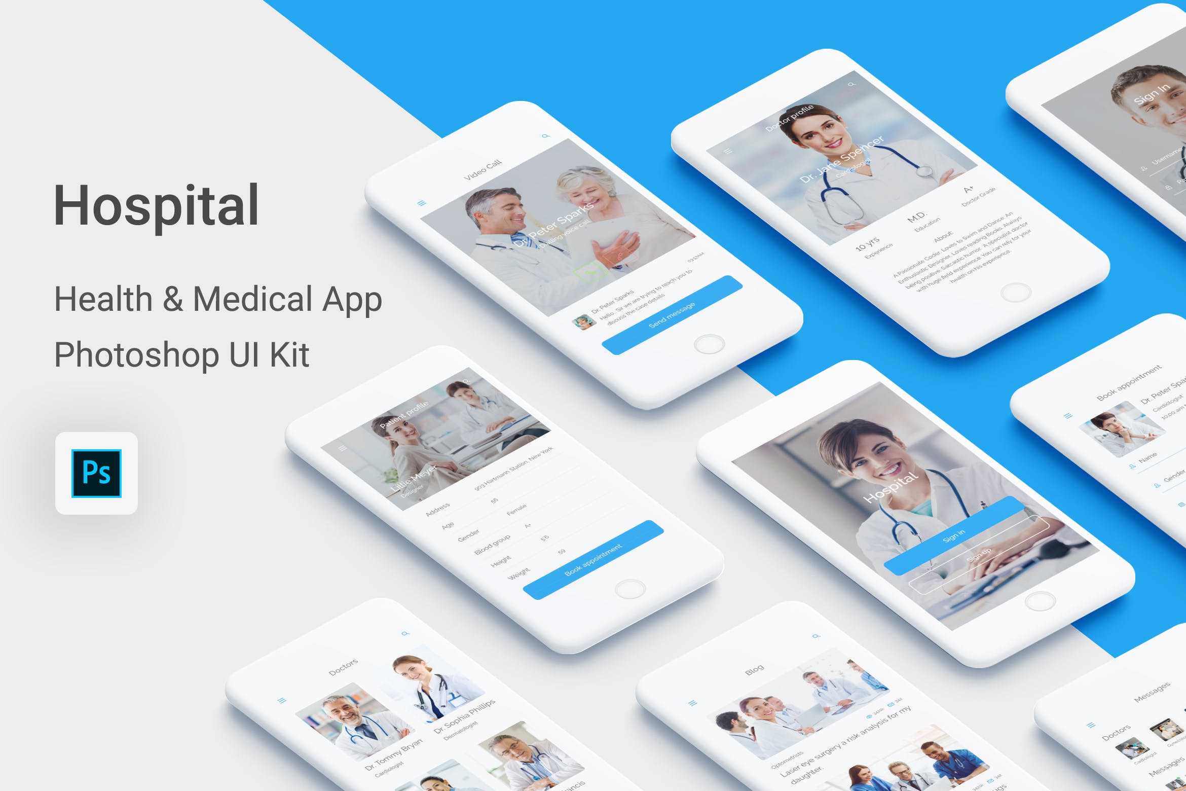 医院/健康/医疗APP应用程序UI设计套件PSD模板 Hospital – Health & Medical Mobile App (Photoshop)插图