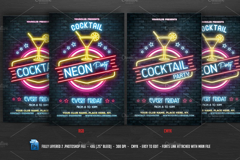 霓虹灯风格鸡尾酒派对活动海报模板 Neon Cocktail Party Flyer插图(2)