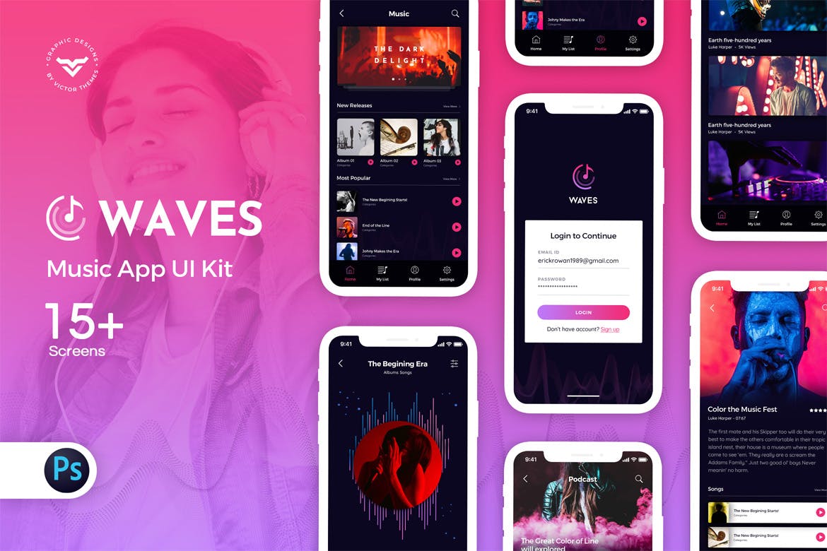 网络音乐听歌APP应用UI设计套件 Waves: Music Mobile App UI Kit插图(1)