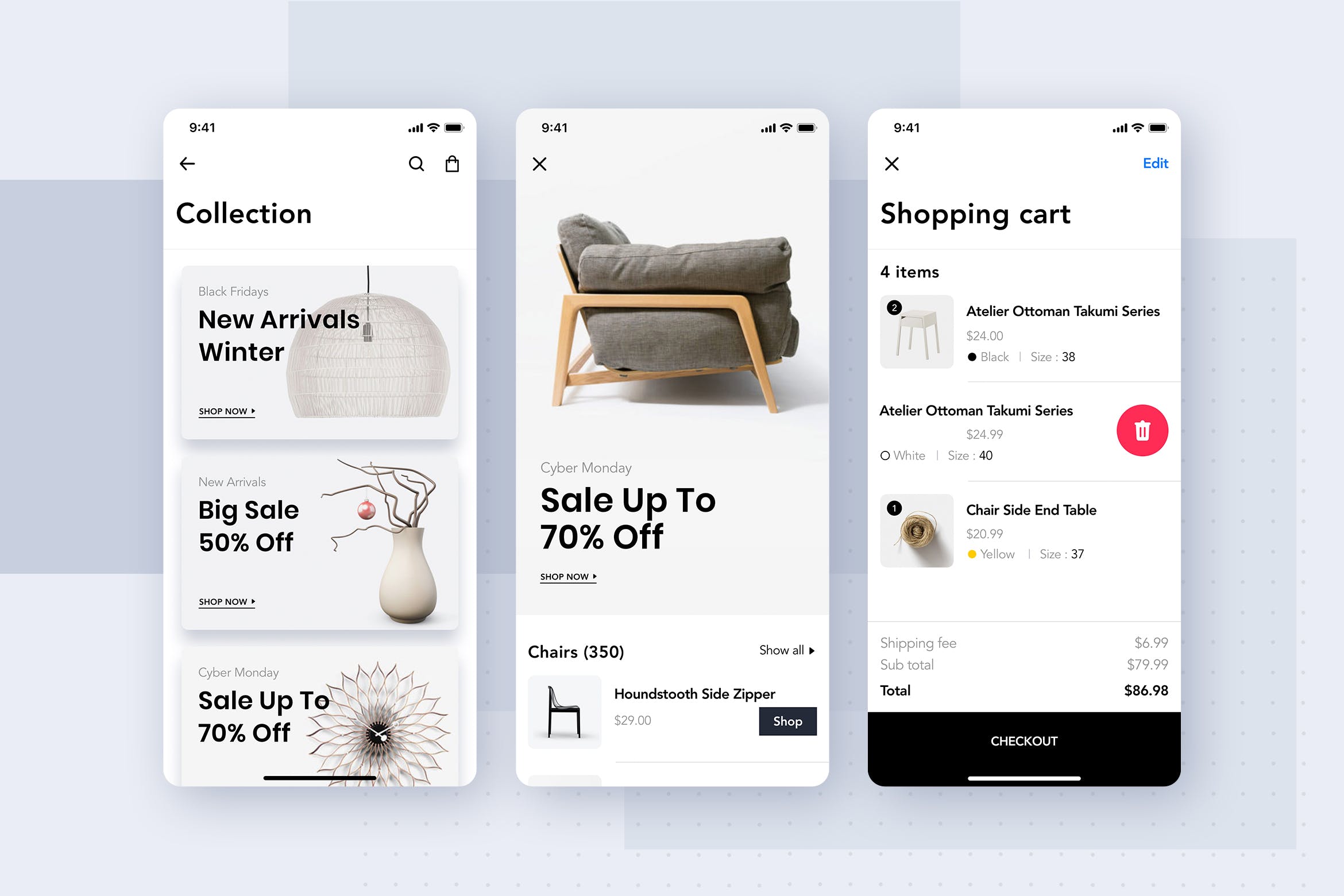 简约风格家具品牌商城促销活动＆购物车界面设计SKETCH素材 Furniture Shop Mobile App UI Concept插图