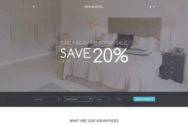 酒店在线预订系统网站PSD模板 Rent a Hotel – Booking Website PSD Template插图(1)