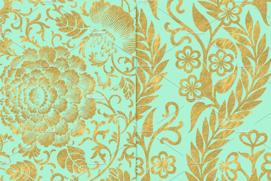薄荷色和金色花卉背景 Mint and Gold Floral Backgrounds插图(1)