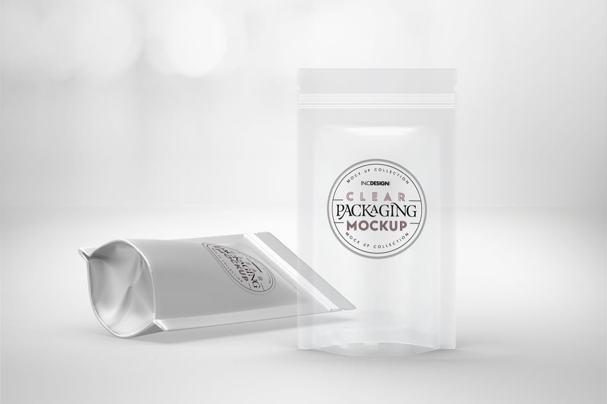 透明&铝箔立式食品袋包装设计样机 Clear or Foil Stand Up Pouches Packaging Mockup插图