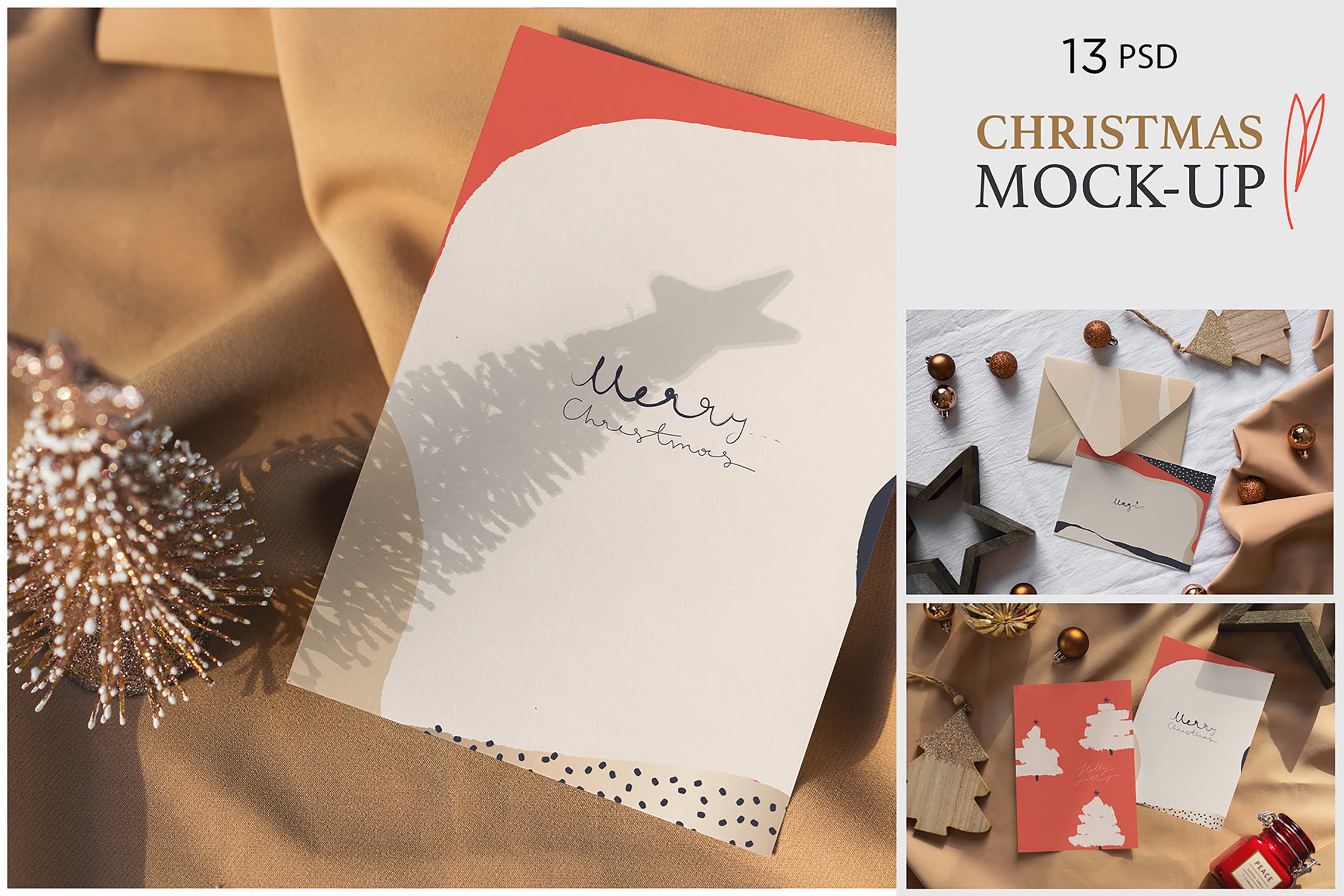 圣诞节明信片设计图预览样机模板 Christmas Postcard Mock-Ups插图