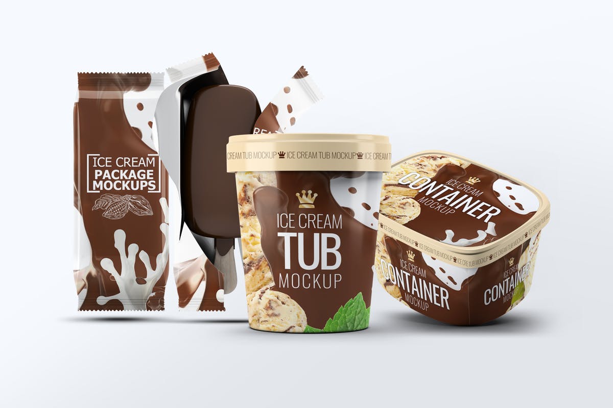 牛奶巧克力冰淇淋雪糕杯甜食包装样机 Ice Cream Packages Mock-Up Bundle插图