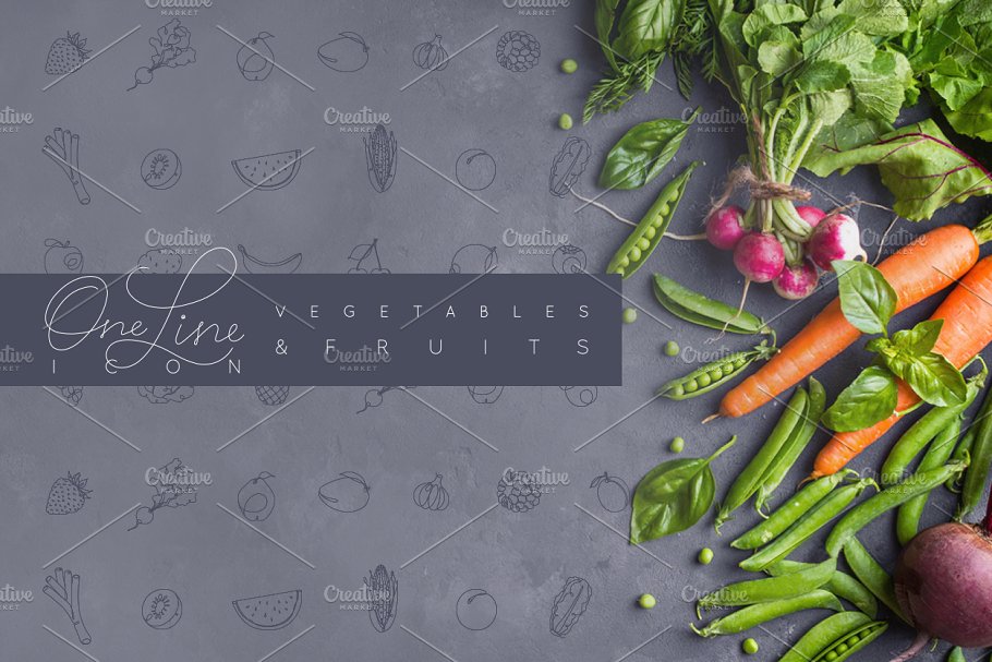 手绘钢笔线条风格水果蔬菜图标 One Line Vegetables & Fruit插图
