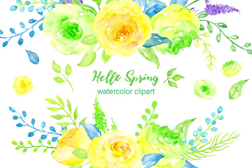 “您好,春天”-水彩花卉剪贴画 Watercolor Clipart Hello Spring插图