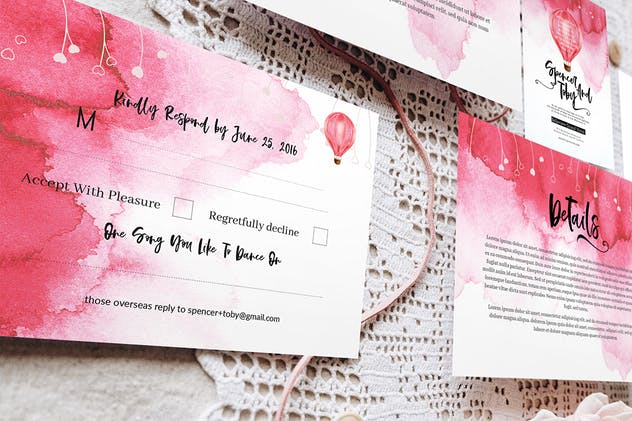粉红水彩纹理婚礼请柬套装 Colour me pink wedding invitation set插图(1)