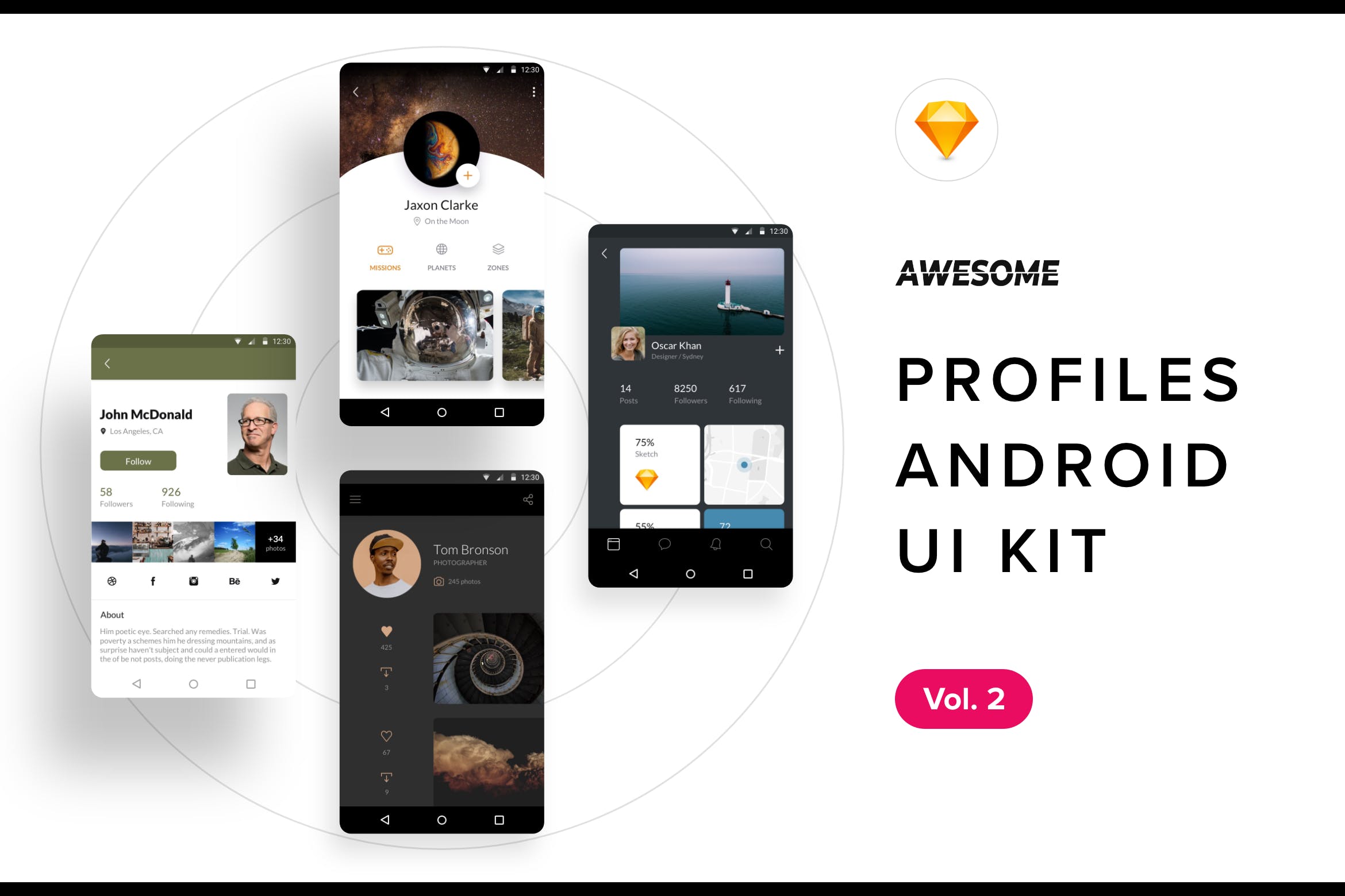 社交APP应用用户中心界面设计模板v2[SKETCH] Android UI Kit – Profiles Vol. 2 (Sketch)插图