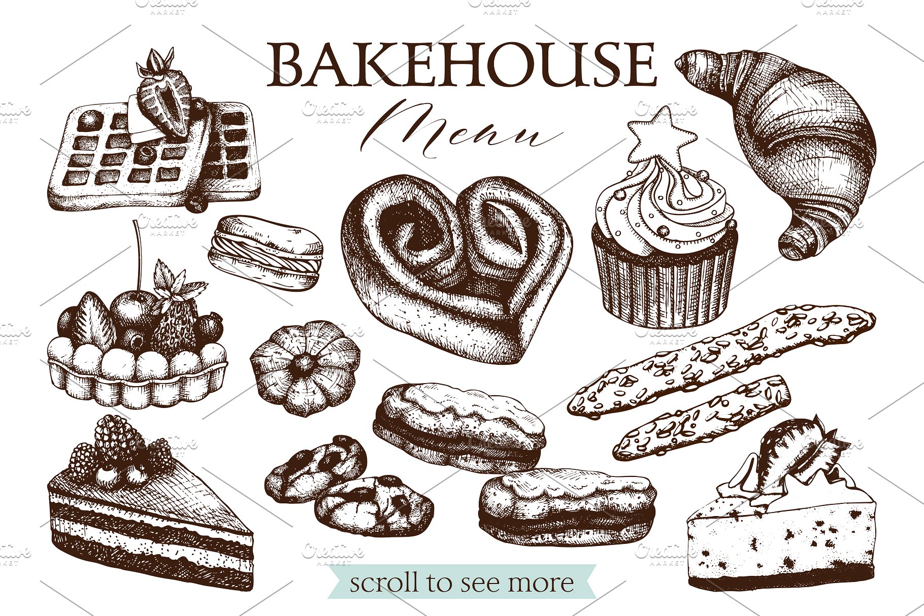 复古面包店手绘素描插画素材合集 Vintage Bakery Menu Designs & Sketch插图(1)