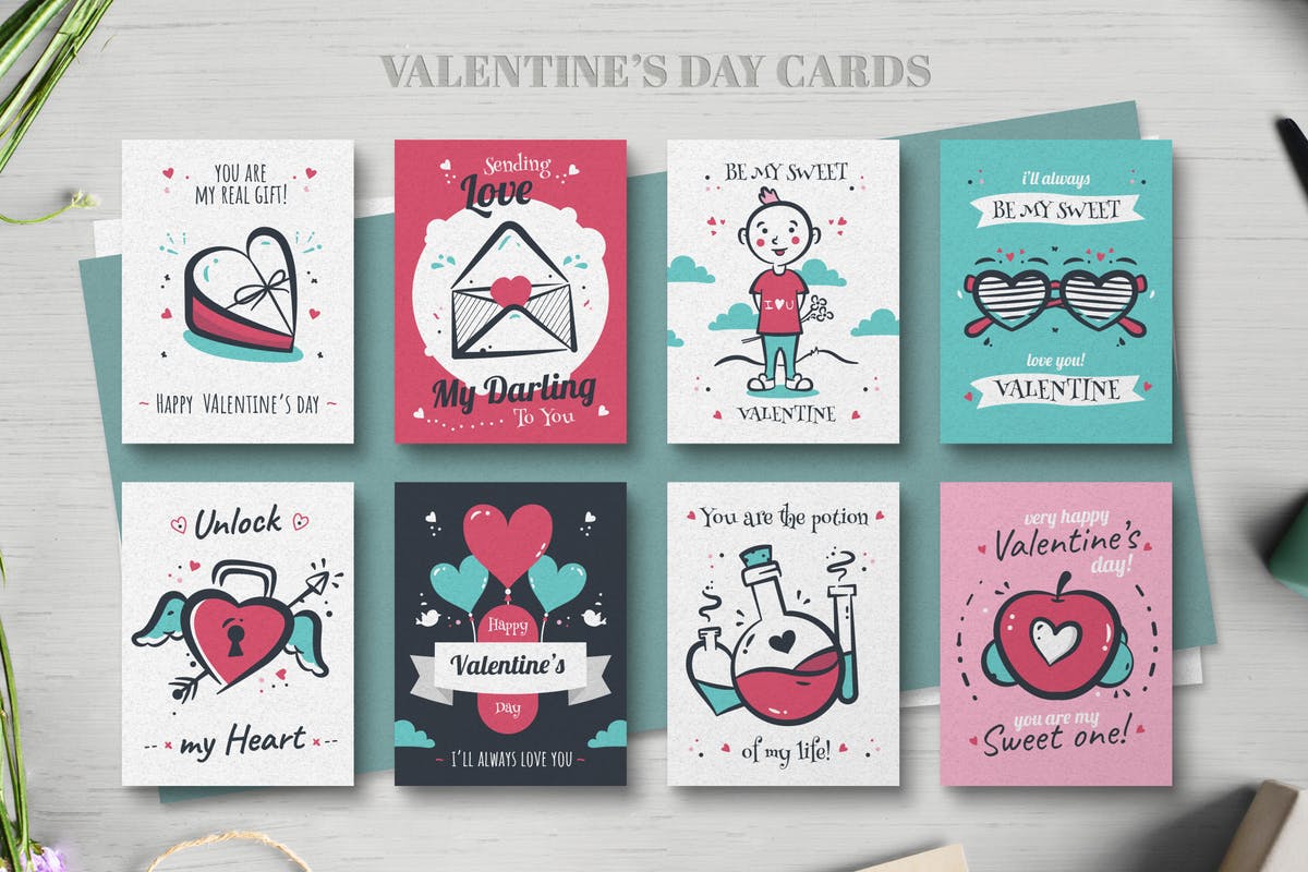 创意手绘情人节贺卡设计模板合集 Valentines day card collection插图