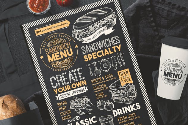 黑板画粉笔画设计风格三明治菜单PSD设计模板 Sandwich Food Menu插图(2)