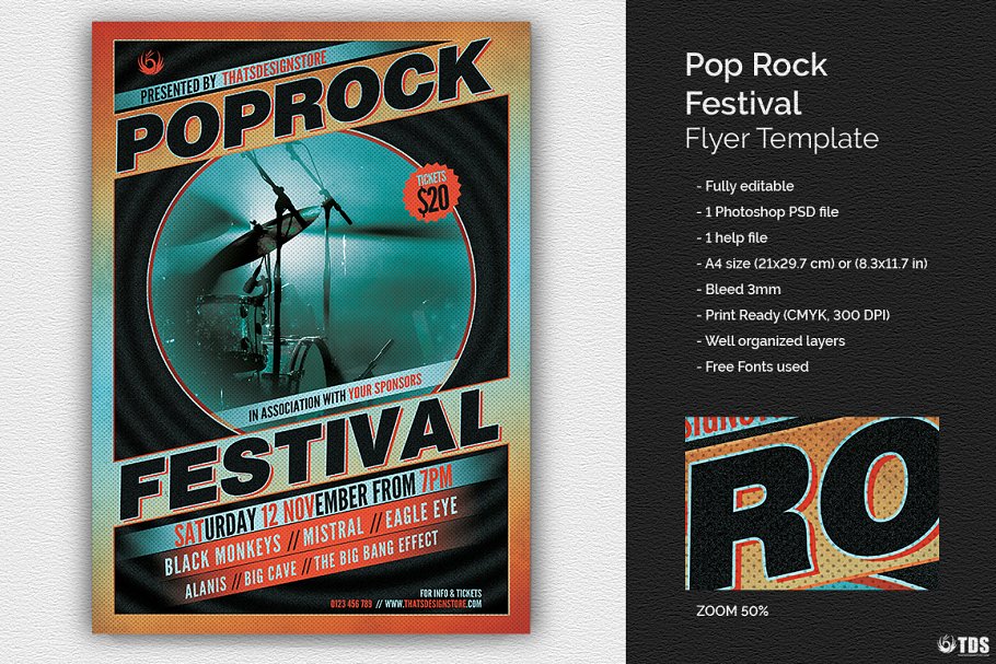 流行摇滚音乐节传单PSD模板v1 Pop Rock Festival Flyer PSD V1插图