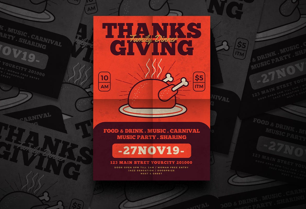 感恩节火鸡盛宴美食海报设计模板 Thanksgiving Flyer插图(1)