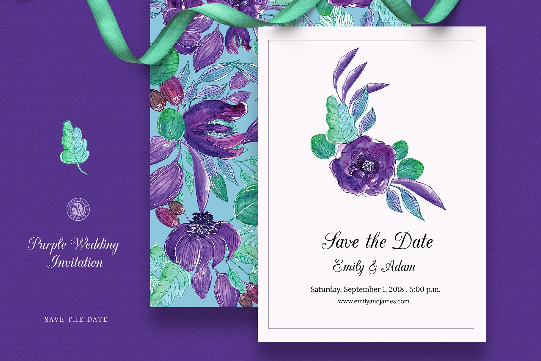 紫色花卉婚礼邀请函设计模板 Purple Wedding Invitation Set插图(3)