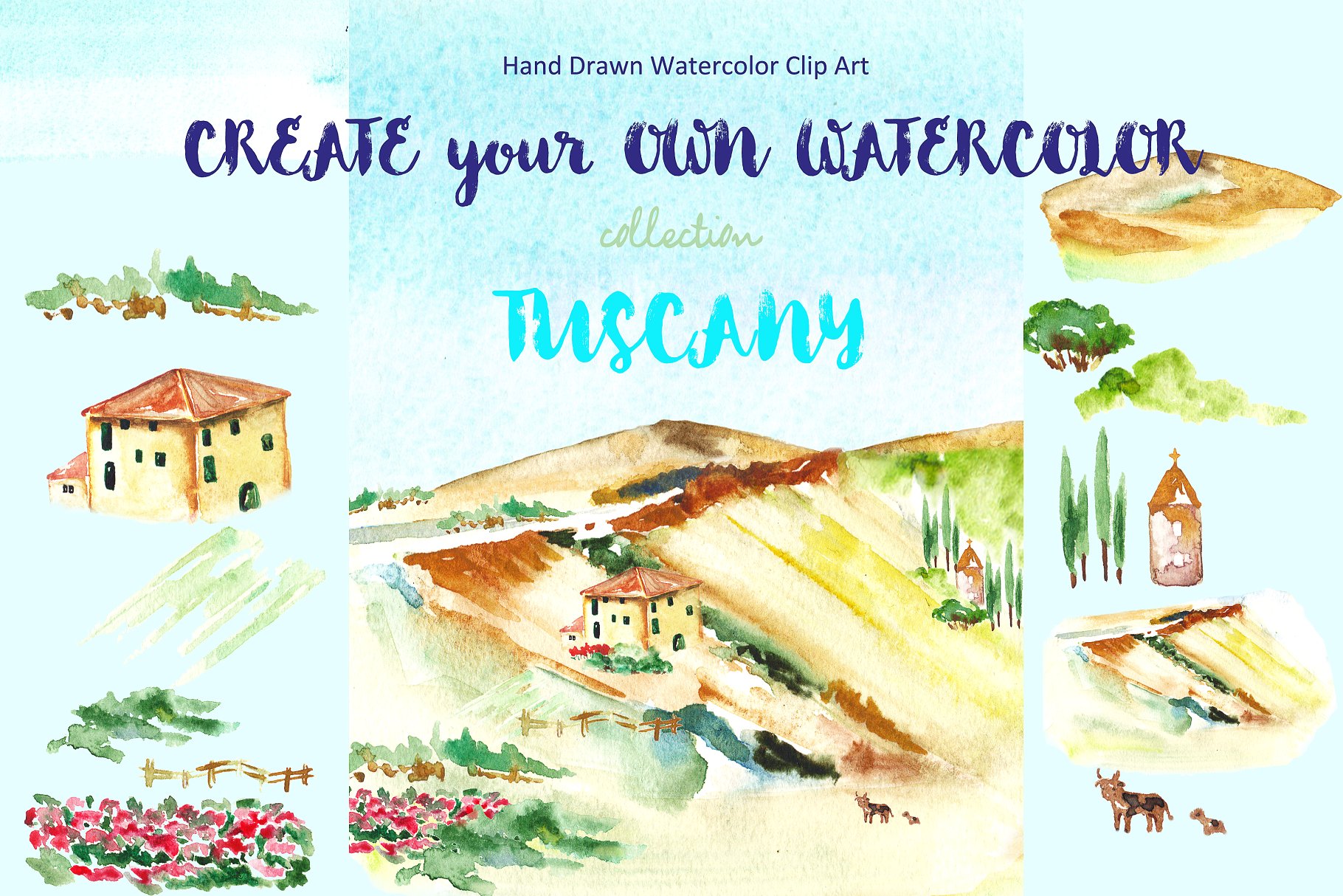 托斯卡纳景观水彩剪贴画 Landscape Tuscany Watercolor clipart插图(3)