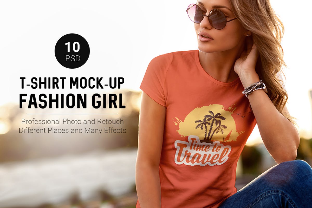 时尚女孩夏季T恤样机 T-Shirt Mock-Up Fashion Girl插图