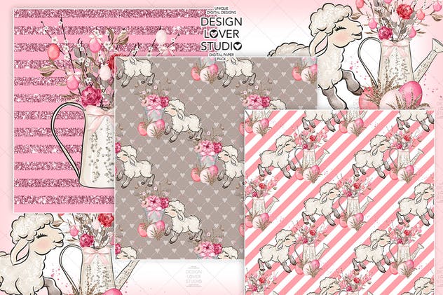 粉红系复活节礼品包装纸张图案纹理套装 Happy Easter Lamb digital paper pack插图(2)