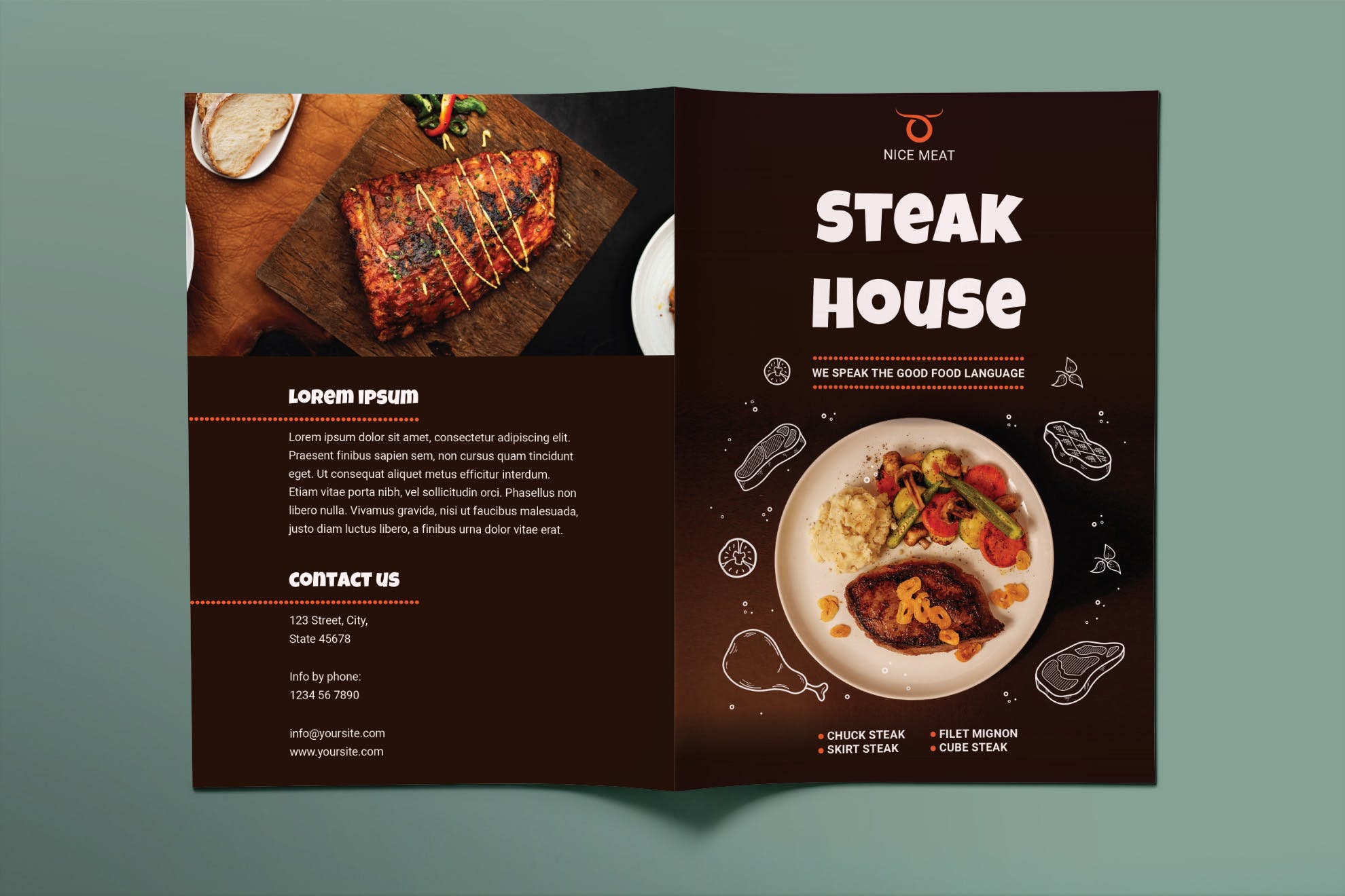 牛排餐厅对折传单设计模板 Steak House Brochure Bifold插图(1)