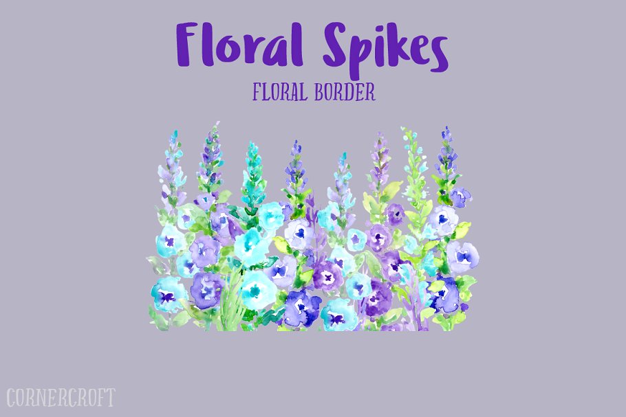 紫色水彩花穗花卉插画 Watercolor Floral Spikes Purple插图(2)