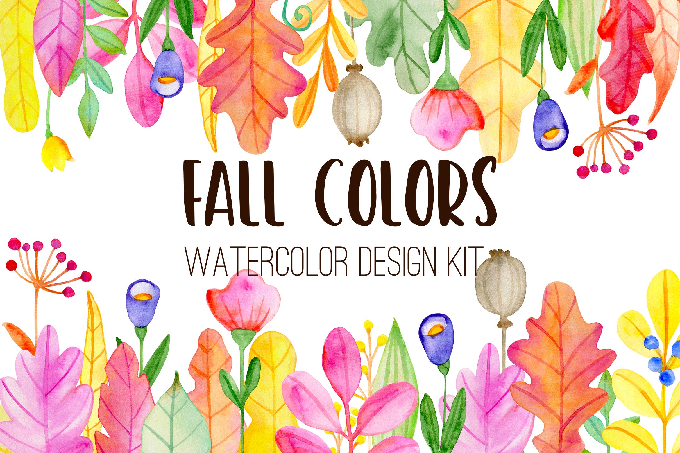 水彩手绘秋天花卉图案PNG素材 Fall Colors Watercolor Design Kit插图